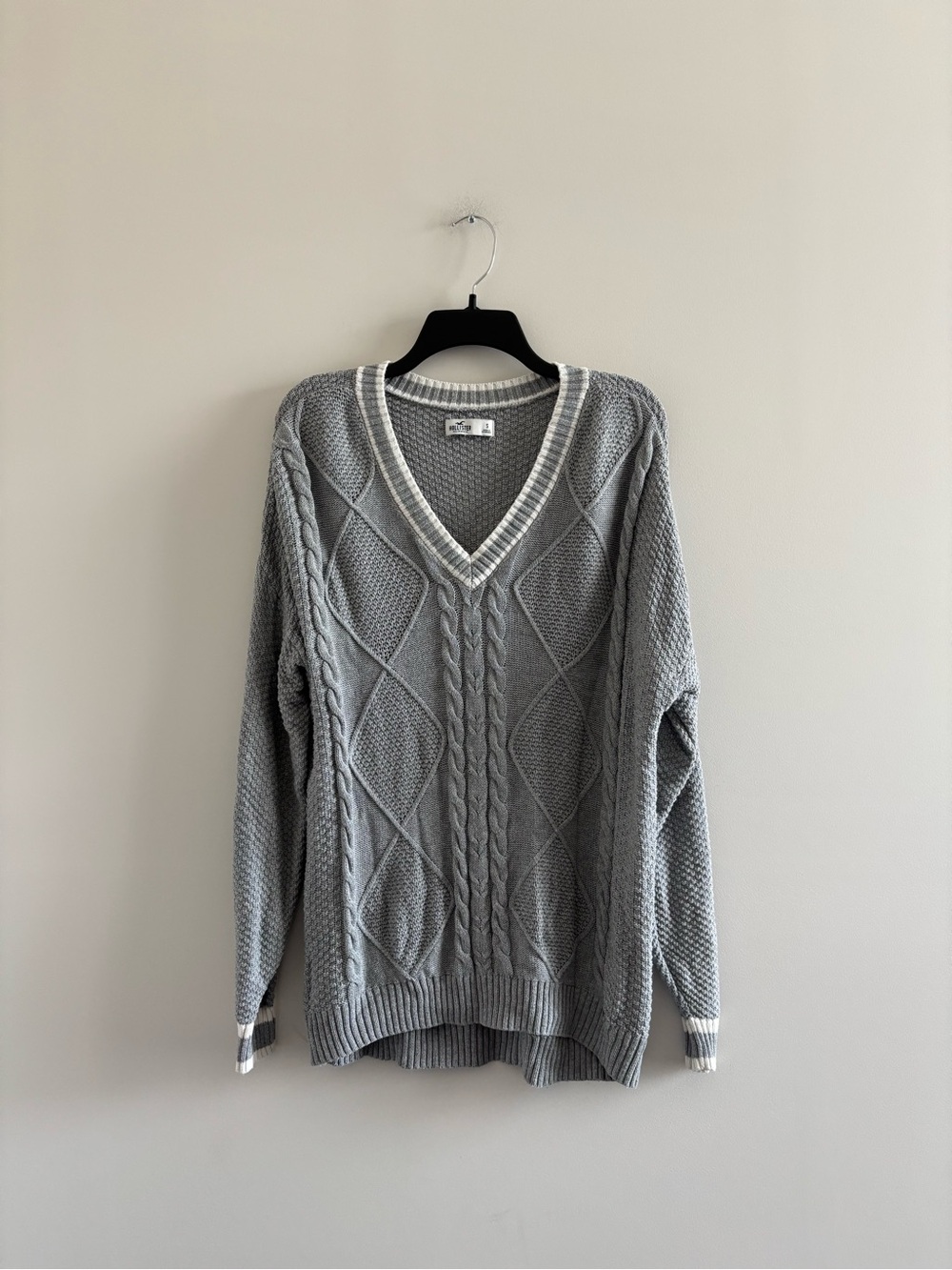 Hollister Cable Knit Sweater Gray V-Neck Cotton Womens S Preppy Fisherman Y2K
